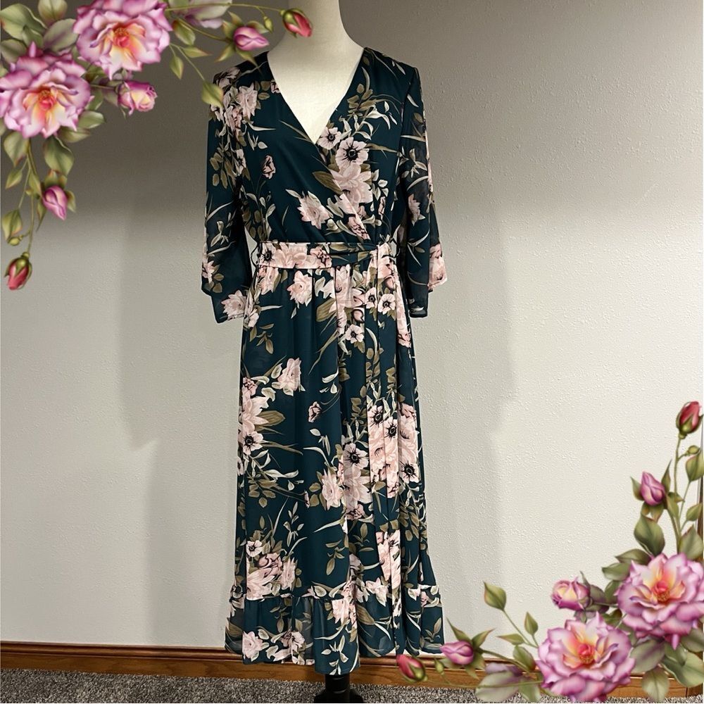 Bloomchick fake wrap floral midi dress with belt‎